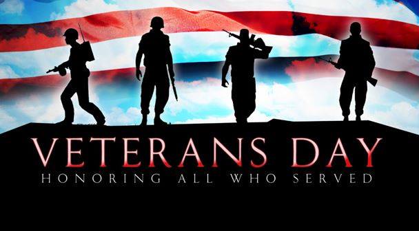 Graphic with the silloette of Armed Service Members with the text "Veterans Day Honoring All Who Served"