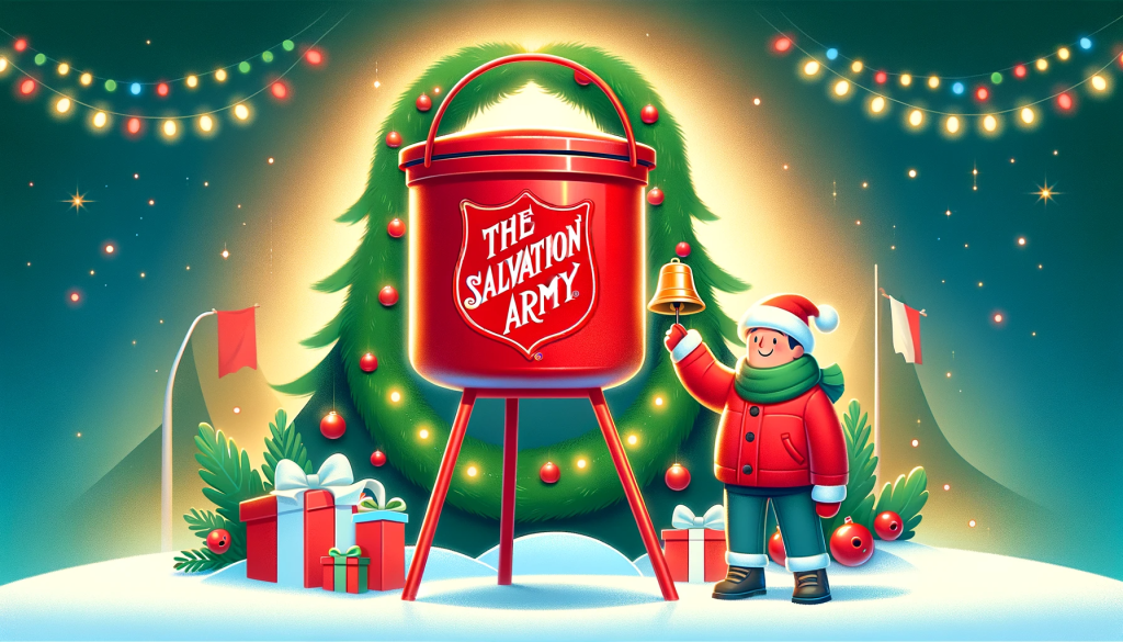 Cartoon picture of a boy ringing a bell for the Salvation Army red kettle bell